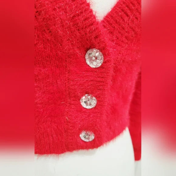 Sincerely Jules Red Cropped Cardigan Sweater w/Large Rhinestone Buttons | Size S - Picture 3 of 7